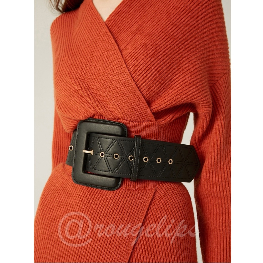 Black Faux  Leather Textured Quilted Belt Squared Buckle